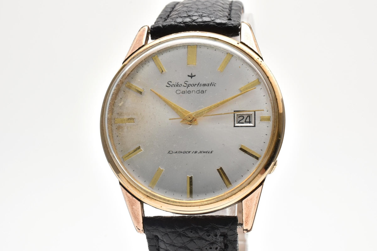 良品 SEIKO セイコー スポーツマチック カレンダー 15037D 自動巻き 17石 ダイヤショック デイト シルバー文字盤 EGP 金メッキ レザーベルト ヴィンテージ 1960年代 メンズ 腕時計 稼働品