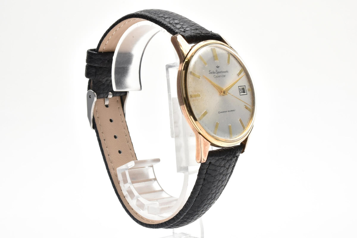 良品 SEIKO セイコー スポーツマチック カレンダー 15037D 自動巻き 17石 ダイヤショック デイト シルバー文字盤 EGP 金メッキ レザーベルト ヴィンテージ 1960年代 メンズ 腕時計 稼働品