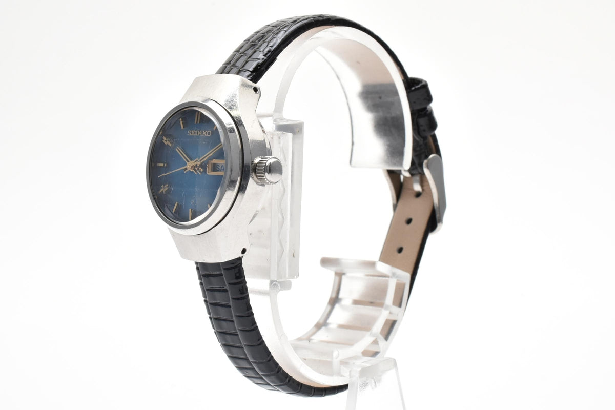 美品 SEIKO セイコー 2706-0310 自動巻き デイデイト ブルー文字盤 ステンレス レザーベルト ヴィンテージ 1974年 レディース 腕時計 稼働品