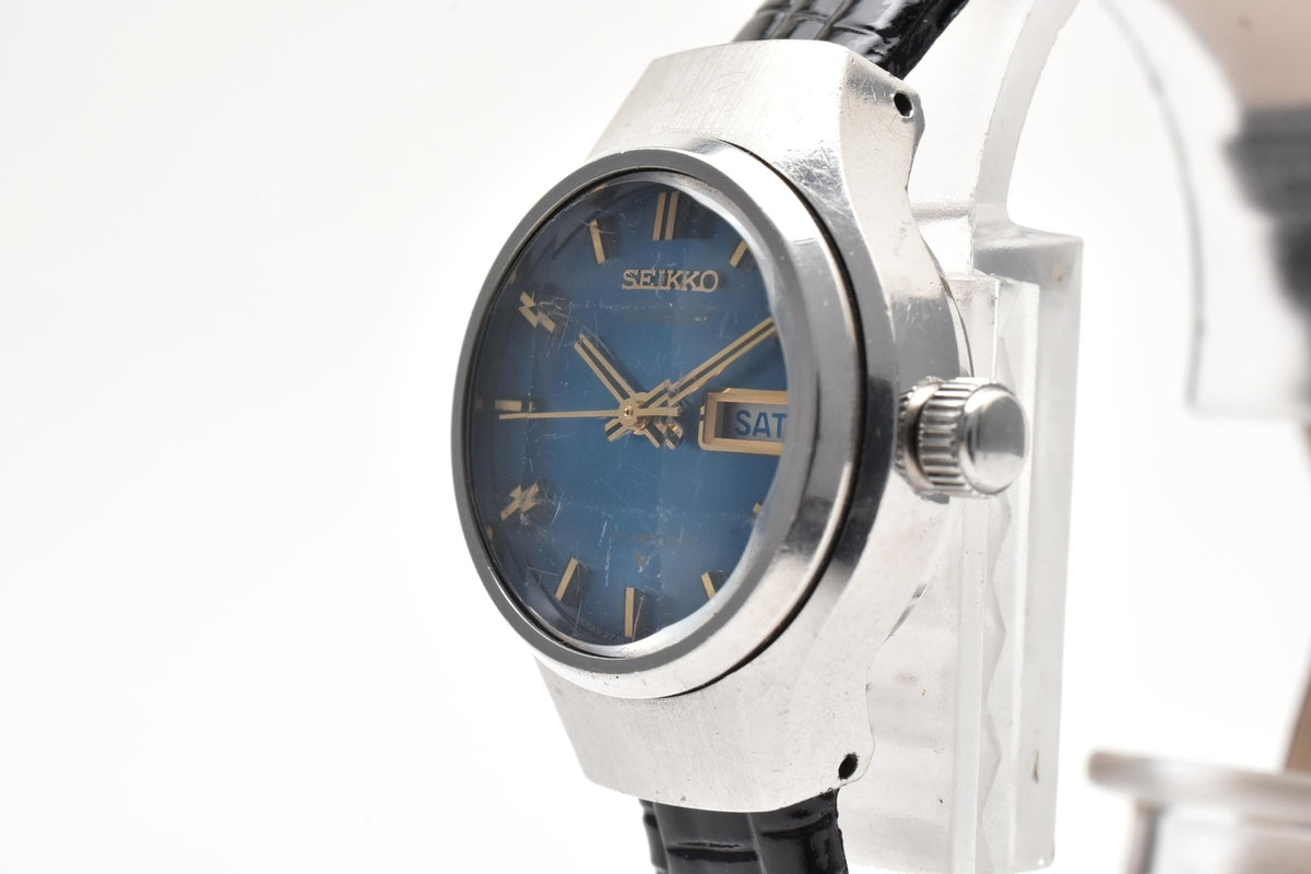 美品 SEIKO セイコー 2706-0310 自動巻き デイデイト ブルー文字盤 ステンレス レザーベルト ヴィンテージ 1974年 レディース 腕時計 稼働品
