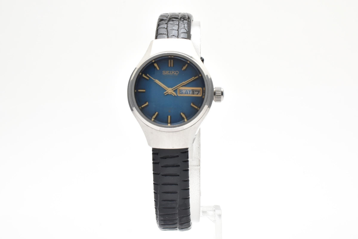 美品 SEIKO セイコー 2706-0310 自動巻き デイデイト ブルー文字盤 ステンレス レザーベルト ヴィンテージ 1974年 レディース 腕時計 稼働品