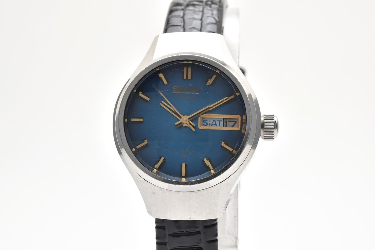 美品 SEIKO セイコー 2706-0310 自動巻き デイデイト ブルー文字盤 ステンレス レザーベルト ヴィンテージ 1974年 レディース 腕時計 稼働品