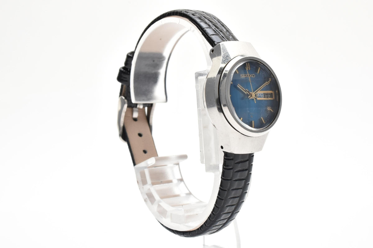 美品 SEIKO セイコー 2706-0310 自動巻き デイデイト ブルー文字盤 ステンレス レザーベルト ヴィンテージ 1974年 レディース 腕時計 稼働品