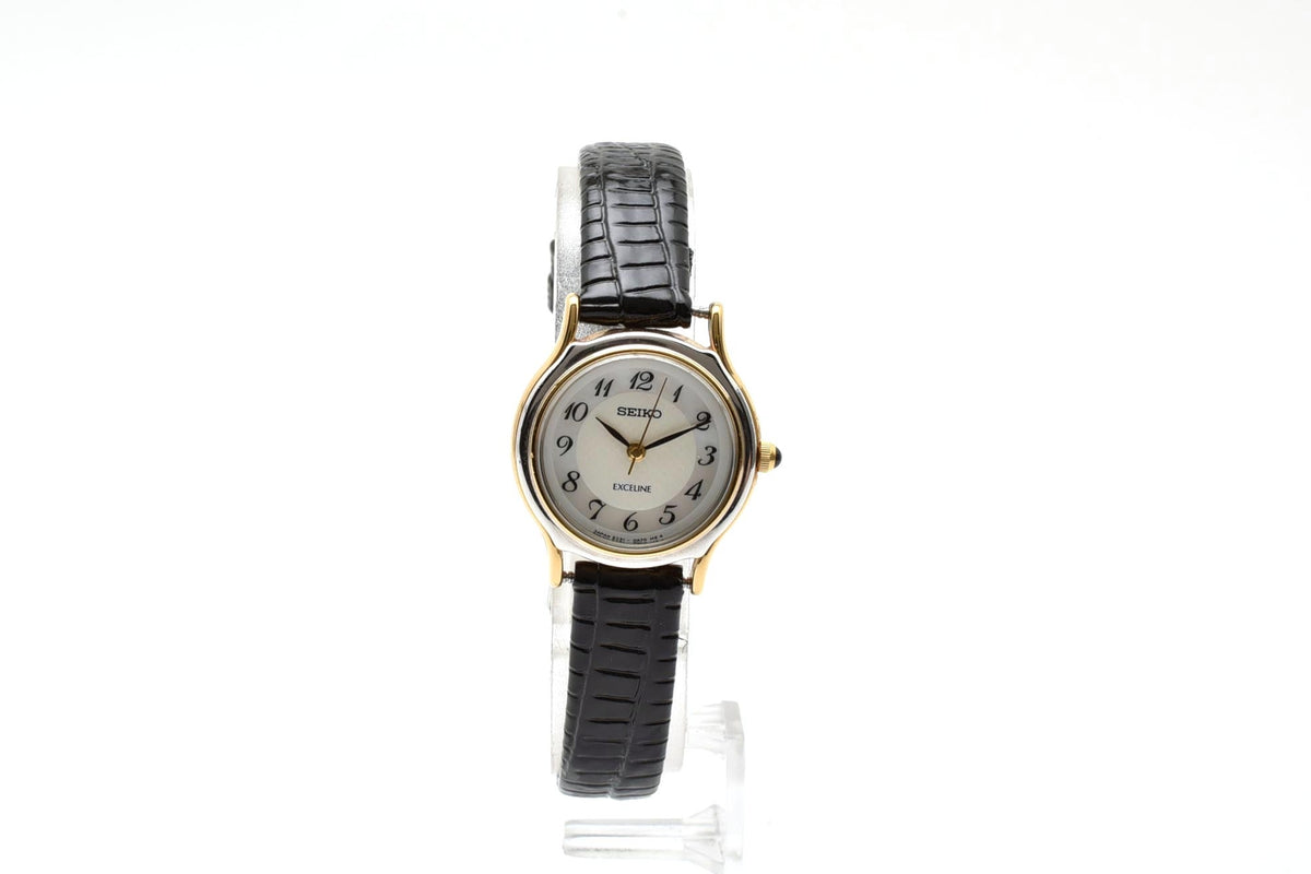 美品 SEIKO セイコー エクセリーヌ 2J31-0A50 クォーツ コンビ ホワイト文字盤 アラビア数字 レザーベルト 1990年代 レディース 腕時計 稼働品
