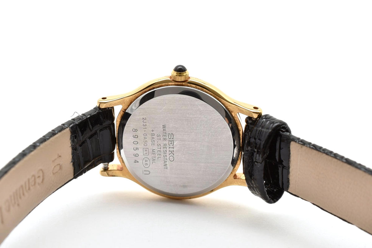 美品 SEIKO セイコー エクセリーヌ 2J31-0A50 クォーツ コンビ ホワイト文字盤 アラビア数字 レザーベルト 1990年代 レディース 腕時計 稼働品