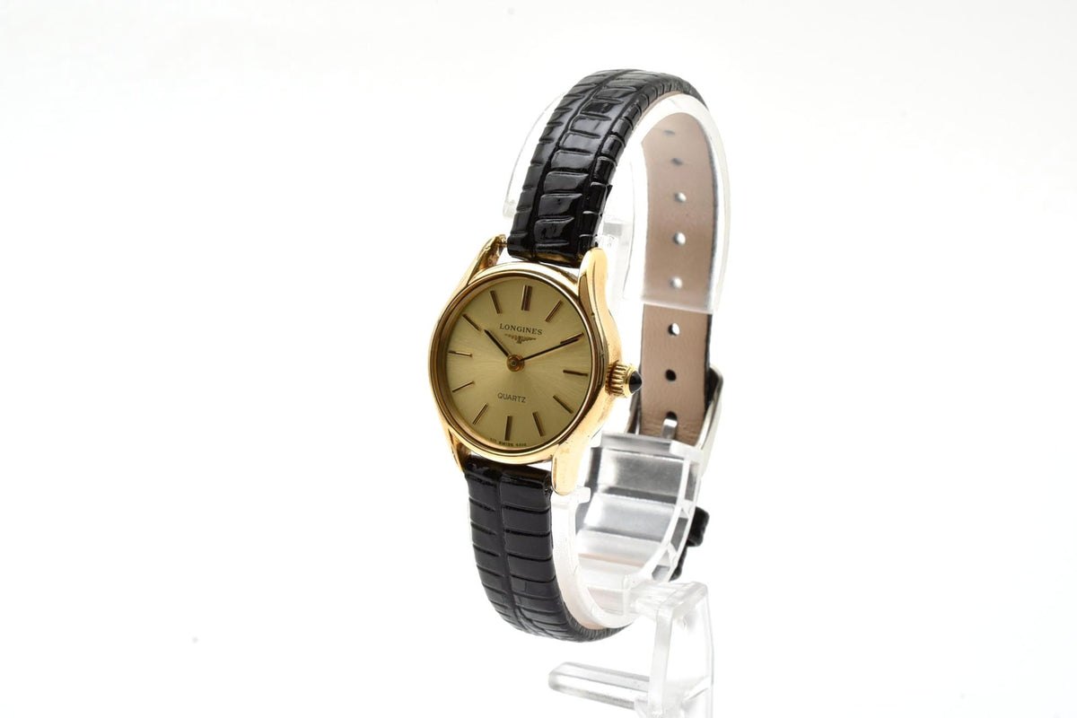 美品 LONGINES ロンジン 717-4302 クォーツ ゴールドカラー ラウンド シャンパン文字盤 レザーベルト スイス製 ヴィンテージ 1980年代 レディース 腕時計 稼働品