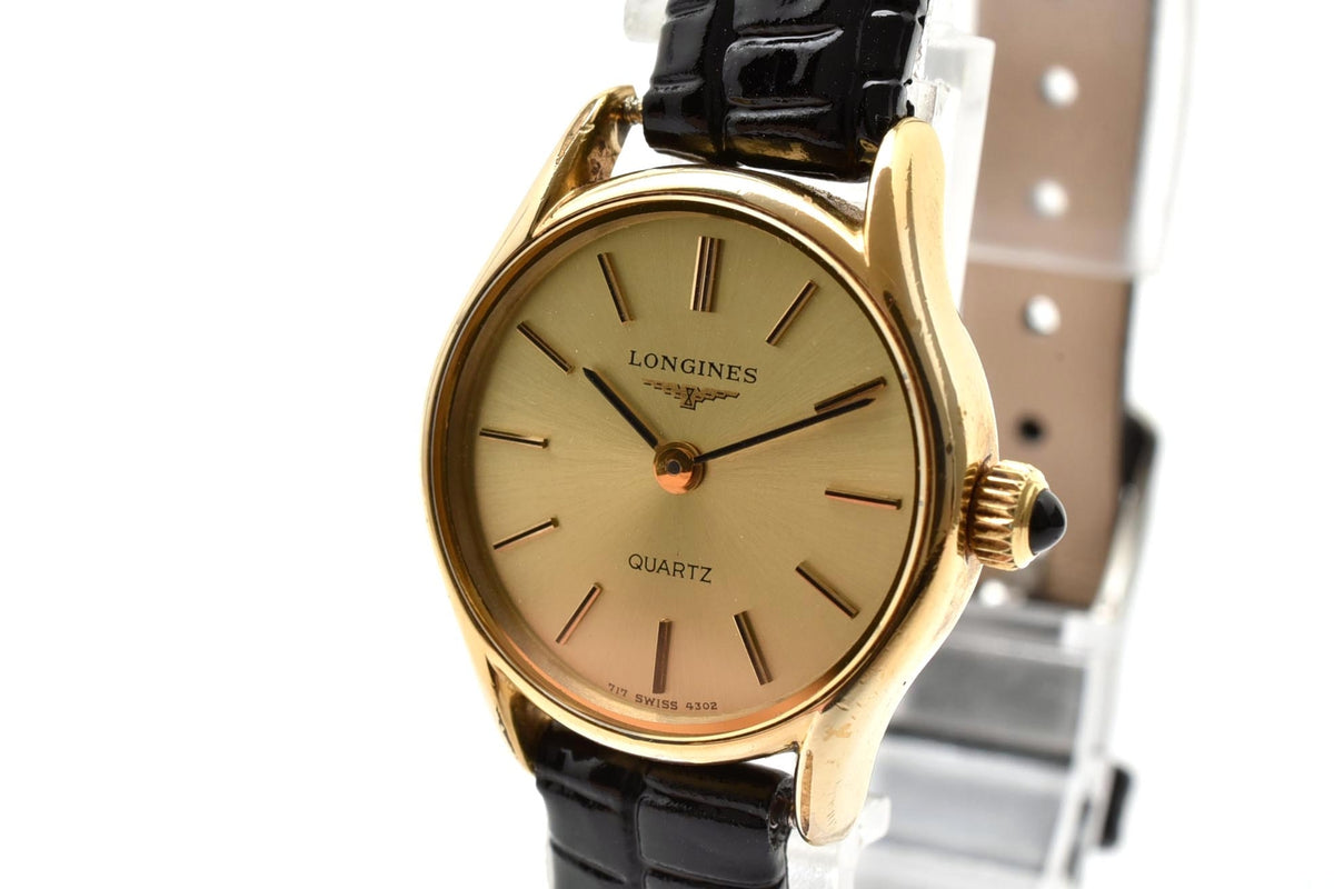 美品 LONGINES ロンジン 717-4302 クォーツ ゴールドカラー ラウンド シャンパン文字盤 レザーベルト スイス製 ヴィンテージ 1980年代 レディース 腕時計 稼働品