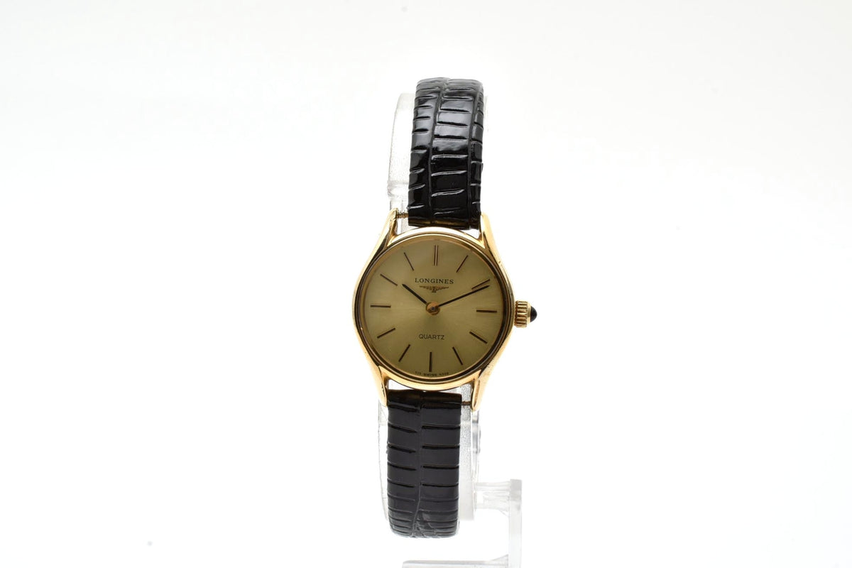 美品 LONGINES ロンジン 717-4302 クォーツ ゴールドカラー ラウンド シャンパン文字盤 レザーベルト スイス製 ヴィンテージ 1980年代 レディース 腕時計 稼働品
