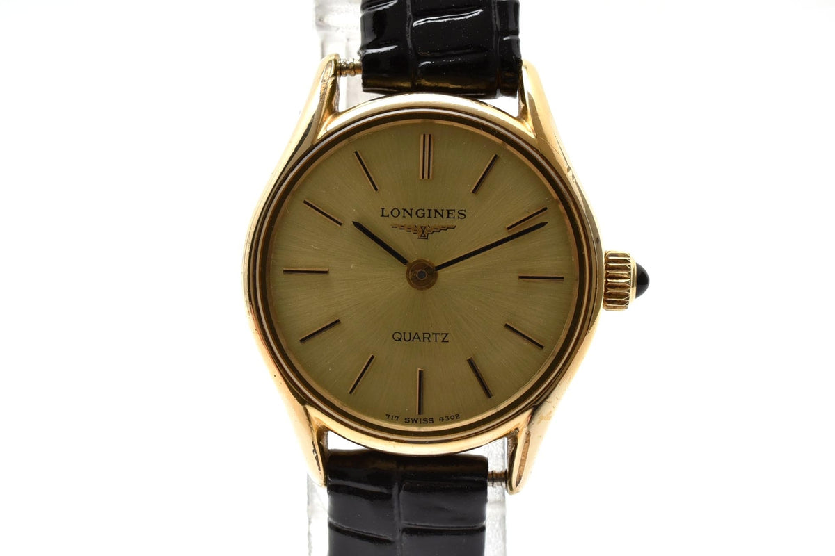 美品 LONGINES ロンジン 717-4302 クォーツ ゴールドカラー ラウンド シャンパン文字盤 レザーベルト スイス製 ヴィンテージ 1980年代 レディース 腕時計 稼働品