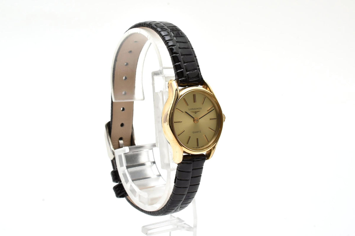 美品 LONGINES ロンジン 717-4302 クォーツ ゴールドカラー ラウンド シャンパン文字盤 レザーベルト スイス製 ヴィンテージ 1980年代 レディース 腕時計 稼働品