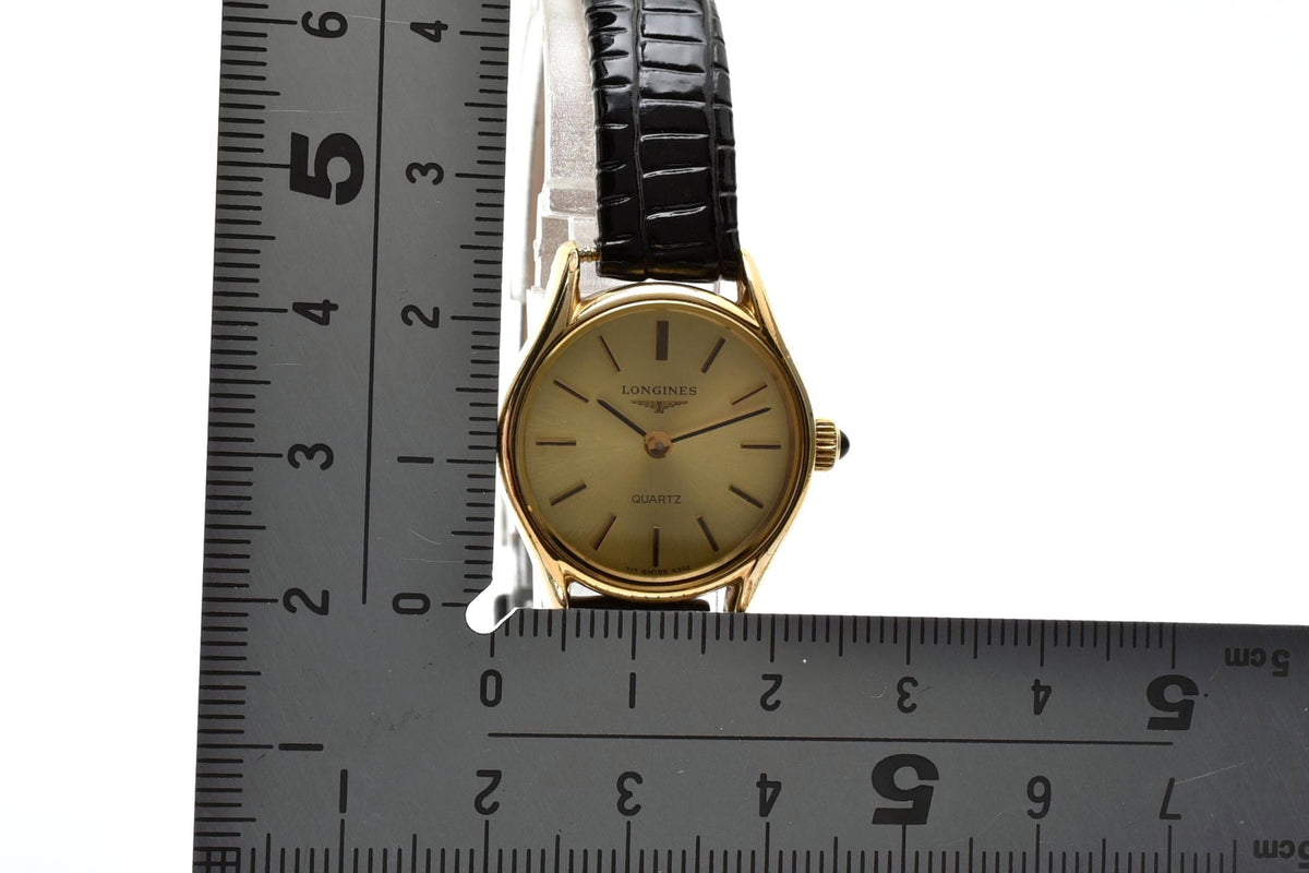 美品 LONGINES ロンジン 717-4302 クォーツ ゴールドカラー ラウンド シャンパン文字盤 レザーベルト スイス製 ヴィンテージ 1980年代 レディース 腕時計 稼働品