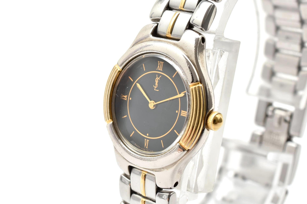 美品 Yves Saint Laurent イヴ・サンローラン 5420-F44557Y クォーツ コンビ ブラック文字盤 ローマ数字 レディース 腕時計 稼働品