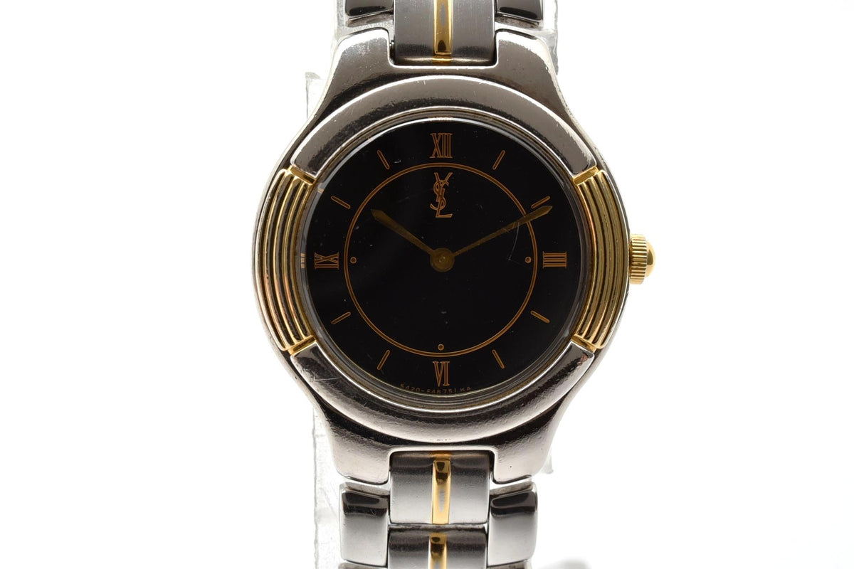 美品 Yves Saint Laurent イヴ・サンローラン 5420-F44557Y クォーツ コンビ ブラック文字盤 ローマ数字 レディース 腕時計 稼働品