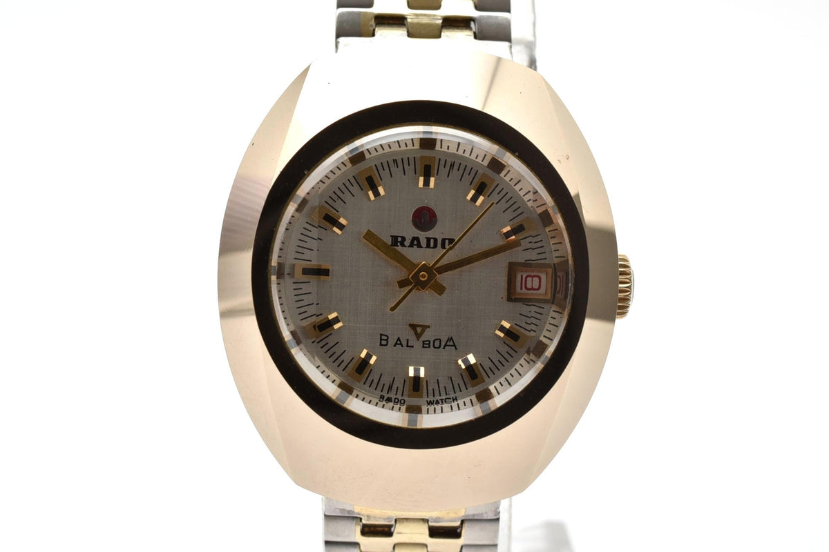 美品 RADO ラドー バルボア 891493A 自動巻き デイト シルバー文字盤 ゴールドカラー コンビブレス トノー スイス製 ヴィンテージ 1970年代 レディース 腕時計 稼働品