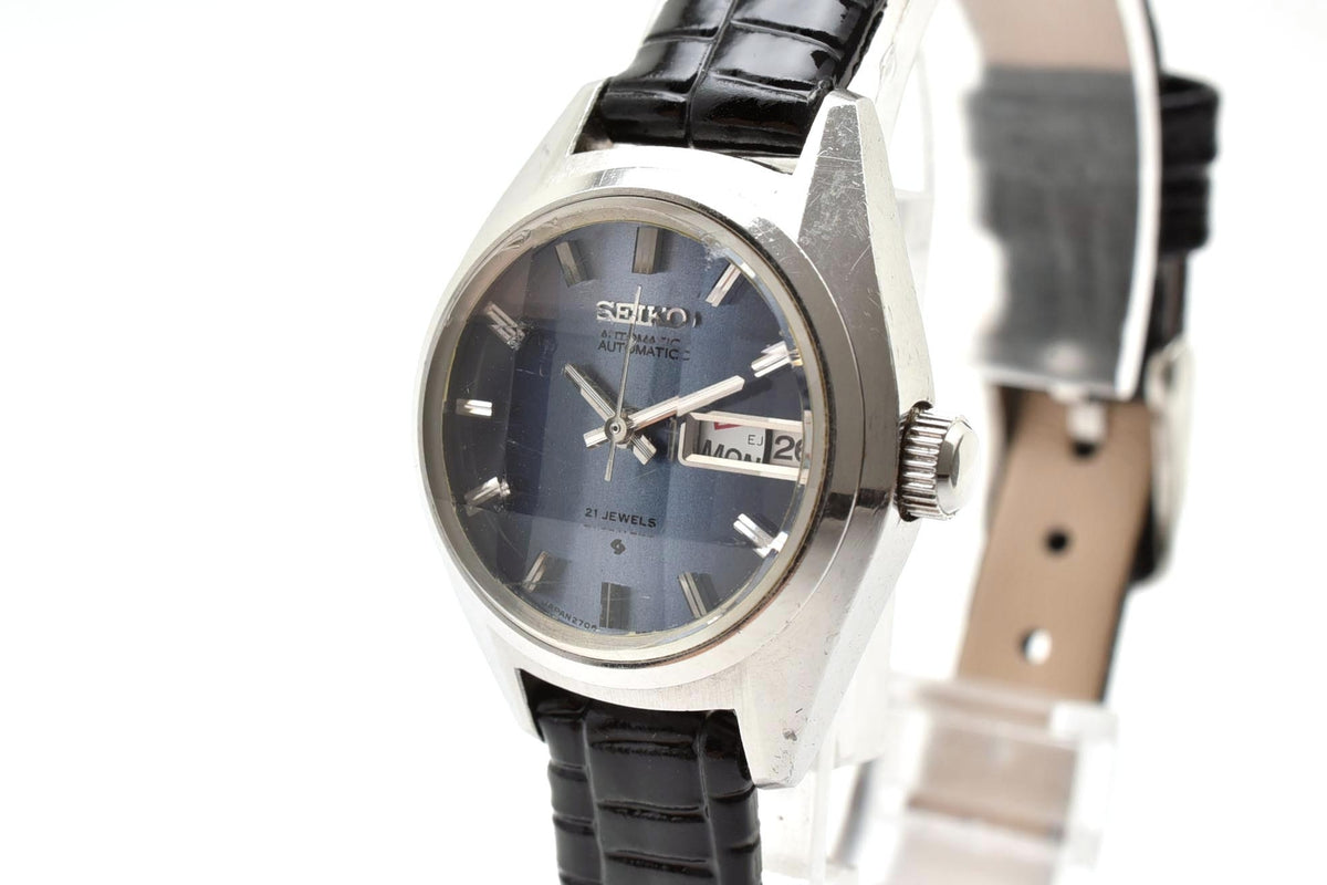 美品 SEIKO セイコー 2706-0170 自動巻き 21石 デイデイト ブルー文字盤 ステンレス レザーベルト ヴィンテージ 1972年 レディース 腕時計 稼働品