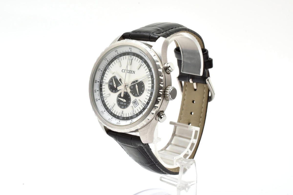 美品 CITIZEN シチズン クロノグラフ 0520-S094127 クォーツ パンダ文字盤 タキメーター デイト ステンレス レザーベルト 5気圧防水 メンズ 腕時計 稼働品