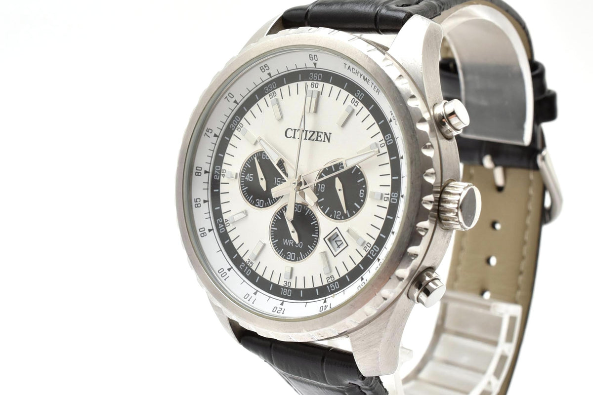 美品 CITIZEN シチズン クロノグラフ 0520-S094127 クォーツ パンダ文字盤 タキメーター デイト ステンレス レザーベルト 5気圧防水 メンズ 腕時計 稼働品