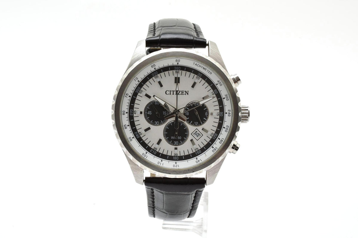 美品 CITIZEN シチズン クロノグラフ 0520-S094127 クォーツ パンダ文字盤 タキメーター デイト ステンレス レザーベルト 5気圧防水 メンズ 腕時計 稼働品