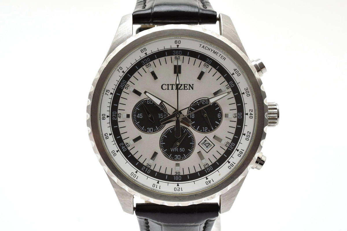 美品 CITIZEN シチズン クロノグラフ 0520-S094127 クォーツ パンダ文字盤 タキメーター デイト ステンレス レザーベルト 5気圧防水 メンズ 腕時計 稼働品