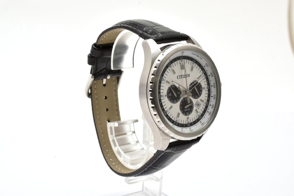 美品 CITIZEN シチズン クロノグラフ 0520-S094127 クォーツ パンダ文字盤 タキメーター デイト ステンレス レザーベルト 5気圧防水 メンズ 腕時計 稼働品