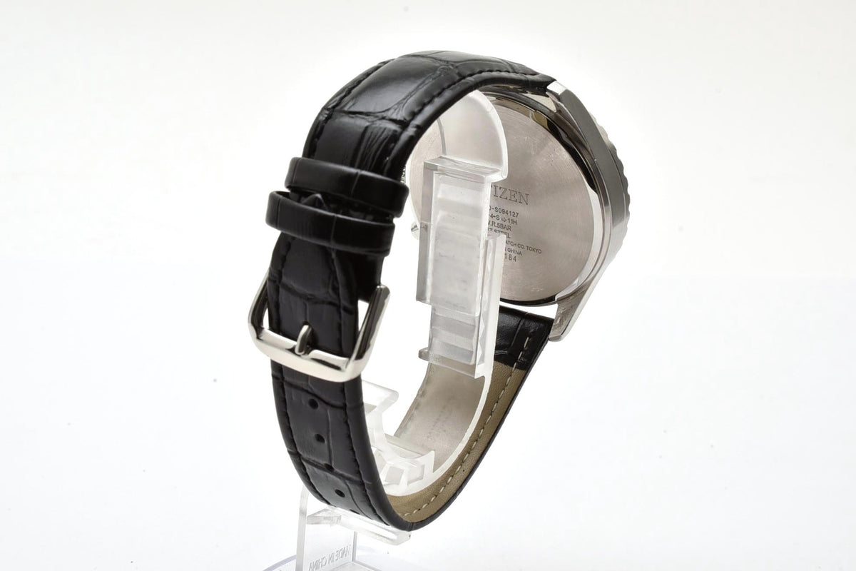 美品 CITIZEN シチズン クロノグラフ 0520-S094127 クォーツ パンダ文字盤 タキメーター デイト ステンレス レザーベルト 5気圧防水 メンズ 腕時計 稼働品