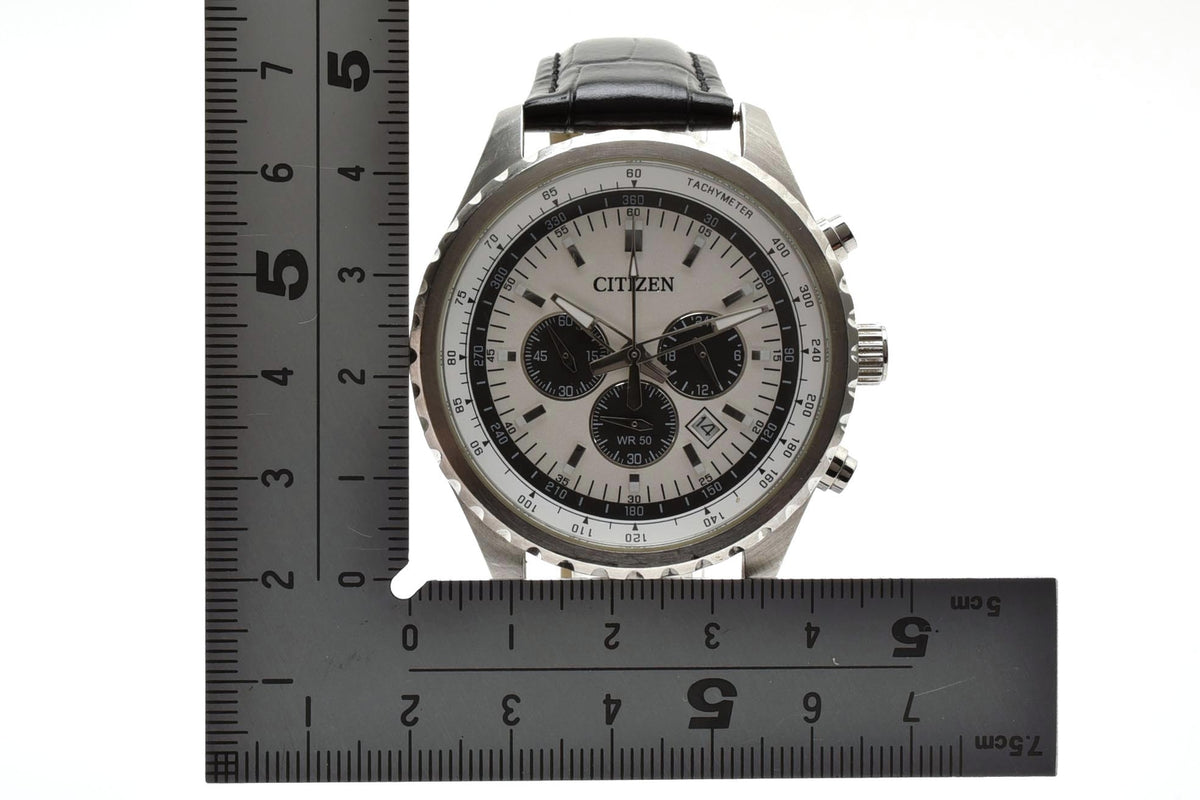 美品 CITIZEN シチズン クロノグラフ 0520-S094127 クォーツ パンダ文字盤 タキメーター デイト ステンレス レザーベルト 5気圧防水 メンズ 腕時計 稼働品