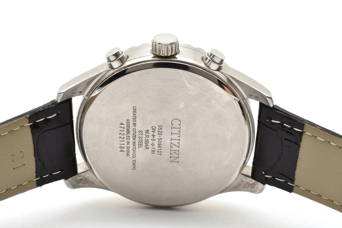 美品 CITIZEN シチズン クロノグラフ 0520-S094127 クォーツ パンダ文字盤 タキメーター デイト ステンレス レザーベルト 5気圧防水 メンズ 腕時計 稼働品