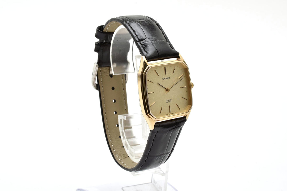 美品 CITIZEN シチズン エクシード 4-797272Y クォーツ 超薄型 金メッキ クッション ゴールド文字盤 レザーベルト ヴィンテージ 1980年代 ユニセックス 腕時計 稼働品