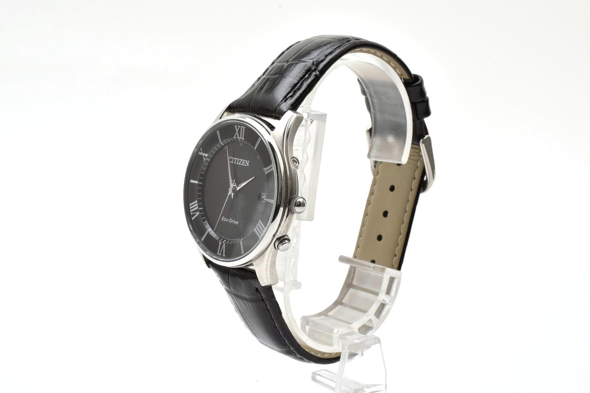 美品 CITIZEN シチズン エコドライブ 電波 H415-S112907 ソーラー デイト ブラック文字盤 ローマン 薄型 ステンレス レザーベルト 5気圧防水 メンズ 腕時計 稼働品