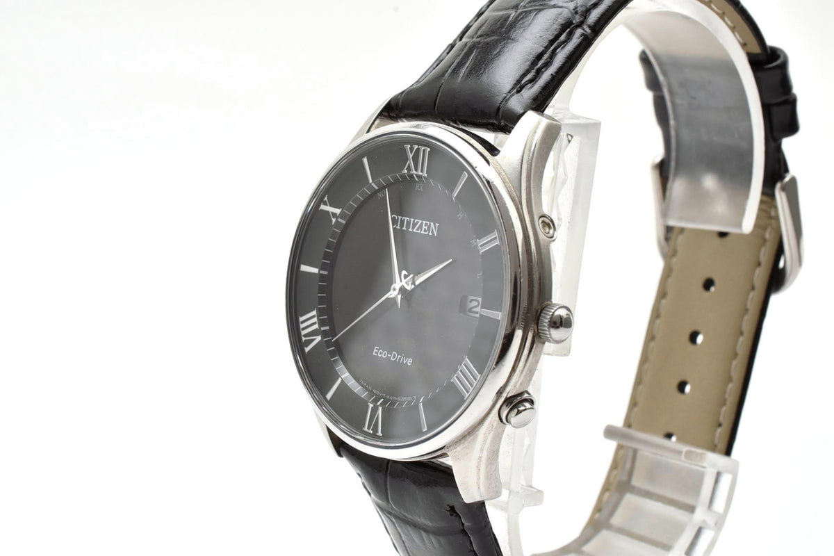 美品 CITIZEN シチズン エコドライブ 電波 H415-S112907 ソーラー デイト ブラック文字盤 ローマン 薄型 ステンレス レザーベルト 5気圧防水 メンズ 腕時計 稼働品