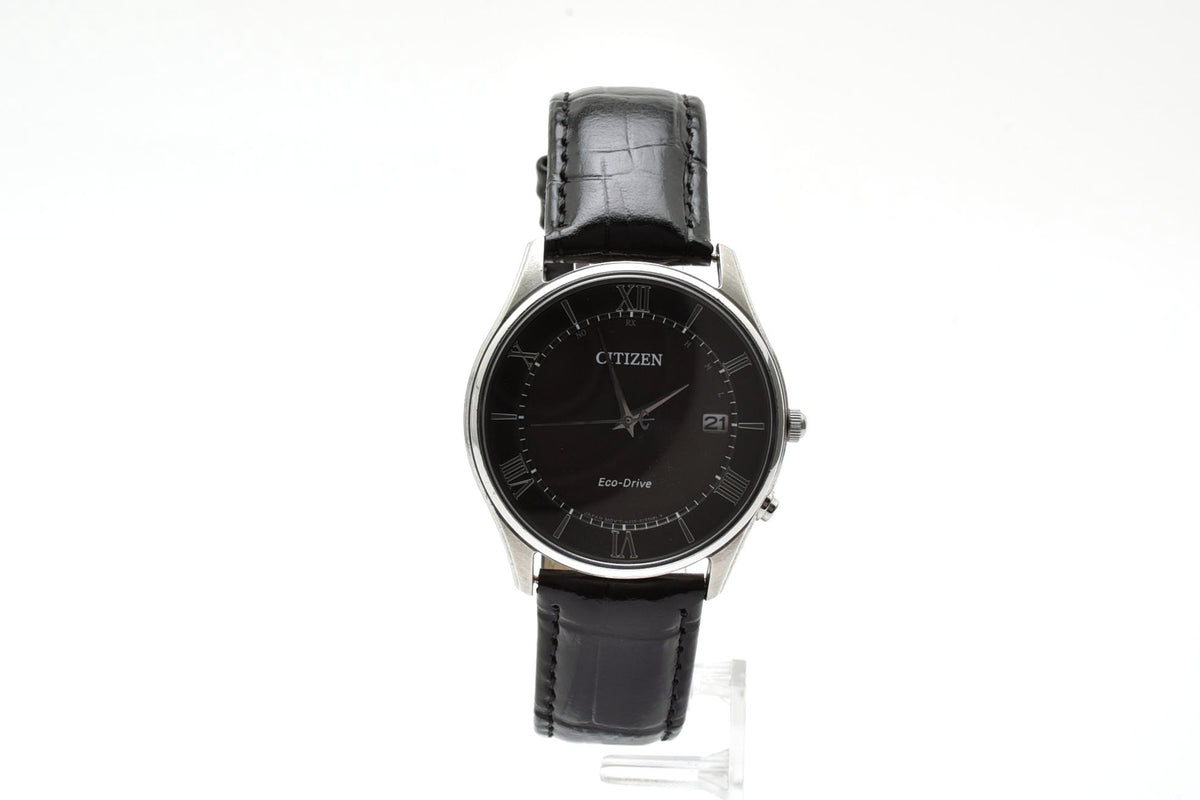 美品 CITIZEN シチズン エコドライブ 電波 H415-S112907 ソーラー デイト ブラック文字盤 ローマン 薄型 ステンレス レザーベルト 5気圧防水 メンズ 腕時計 稼働品