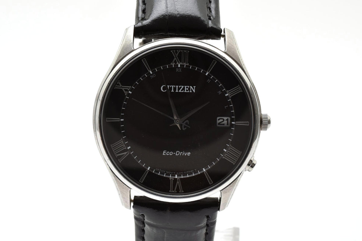 美品 CITIZEN シチズン エコドライブ 電波 H415-S112907 ソーラー デイト ブラック文字盤 ローマン 薄型 ステンレス レザーベルト 5気圧防水 メンズ 腕時計 稼働品