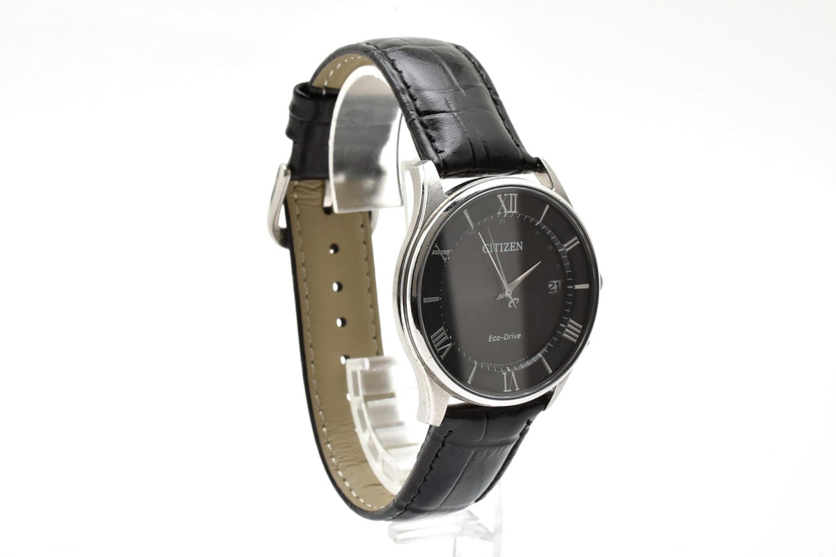 美品 CITIZEN シチズン エコドライブ 電波 H415-S112907 ソーラー デイト ブラック文字盤 ローマン 薄型 ステンレス レザーベルト 5気圧防水 メンズ 腕時計 稼働品
