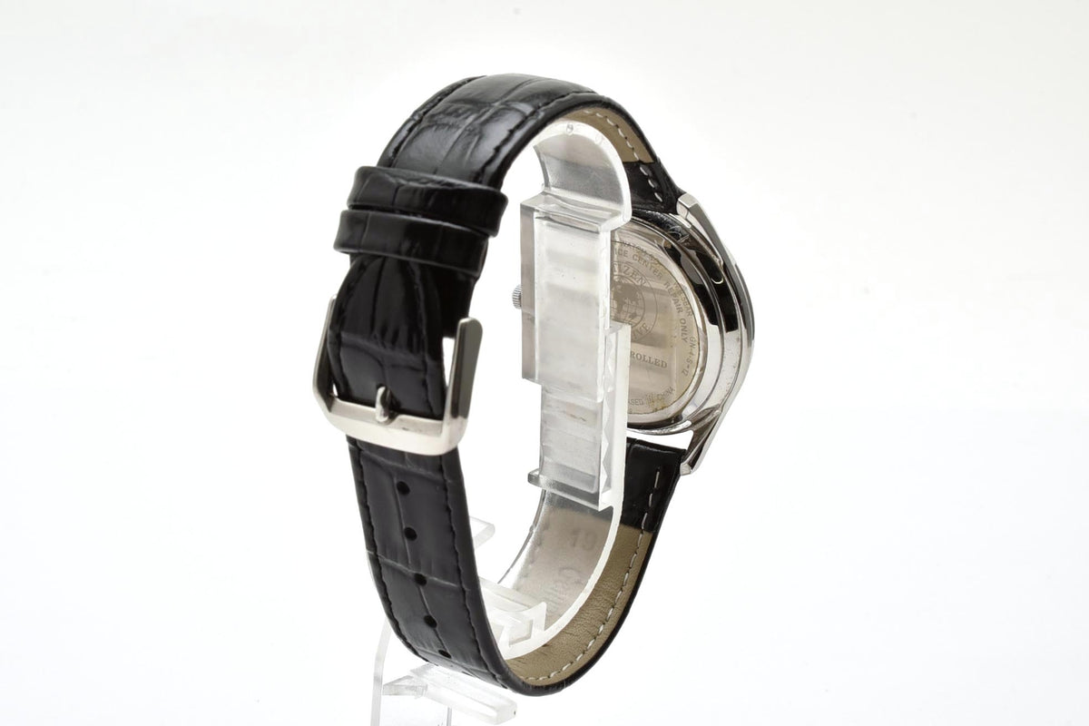 美品 CITIZEN シチズン エコドライブ 電波 H415-S112907 ソーラー デイト ブラック文字盤 ローマン 薄型 ステンレス レザーベルト 5気圧防水 メンズ 腕時計 稼働品