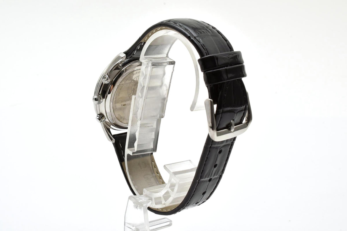 美品 CITIZEN シチズン エコドライブ 電波 H415-S112907 ソーラー デイト ブラック文字盤 ローマン 薄型 ステンレス レザーベルト 5気圧防水 メンズ 腕時計 稼働品