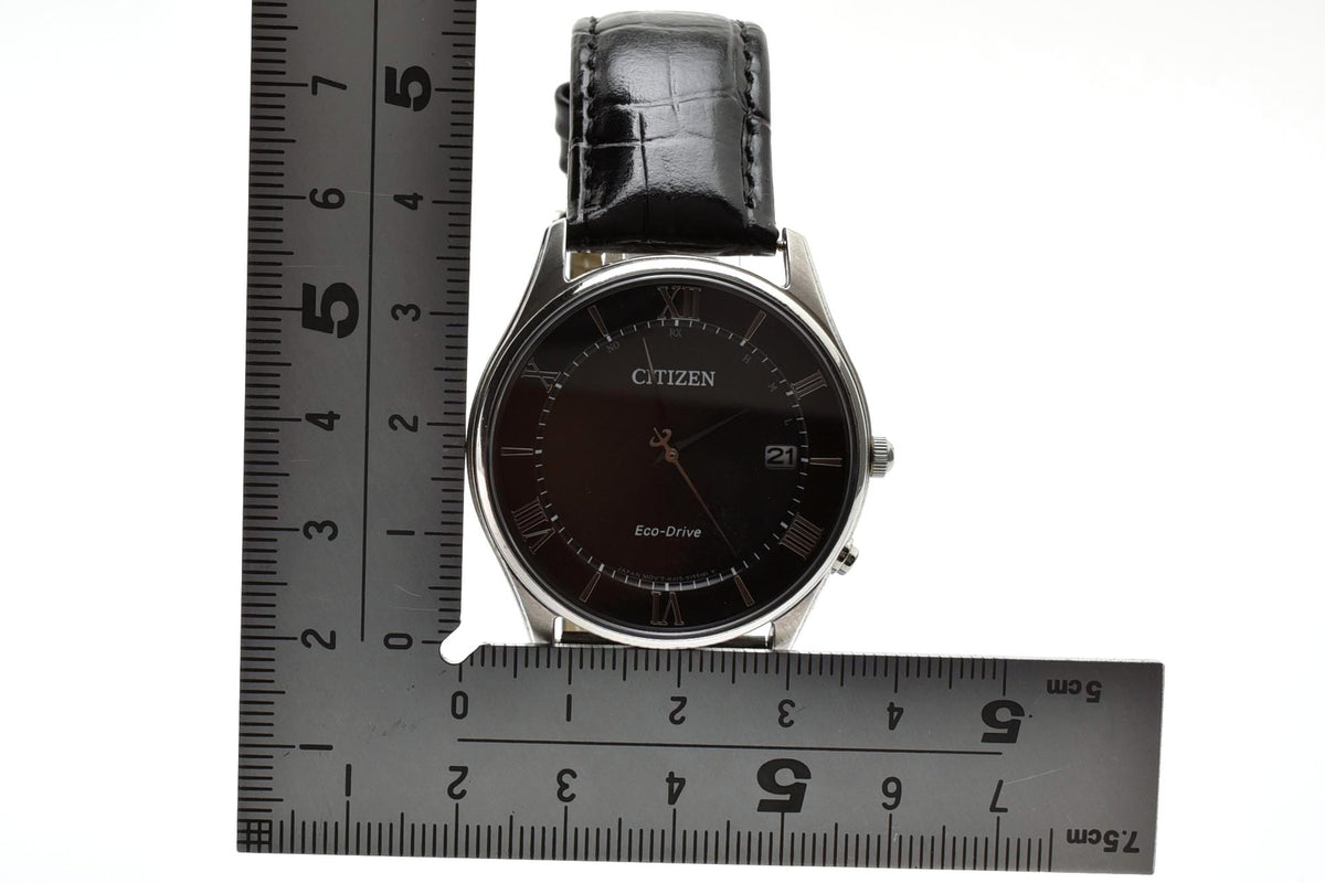 美品 CITIZEN シチズン エコドライブ 電波 H415-S112907 ソーラー デイト ブラック文字盤 ローマン 薄型 ステンレス レザーベルト 5気圧防水 メンズ 腕時計 稼働品
