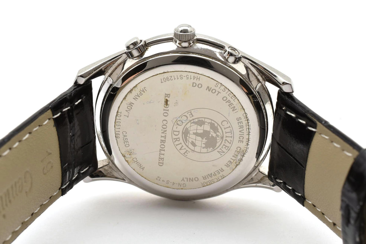 美品 CITIZEN シチズン エコドライブ 電波 H415-S112907 ソーラー デイト ブラック文字盤 ローマン 薄型 ステンレス レザーベルト 5気圧防水 メンズ 腕時計 稼働品
