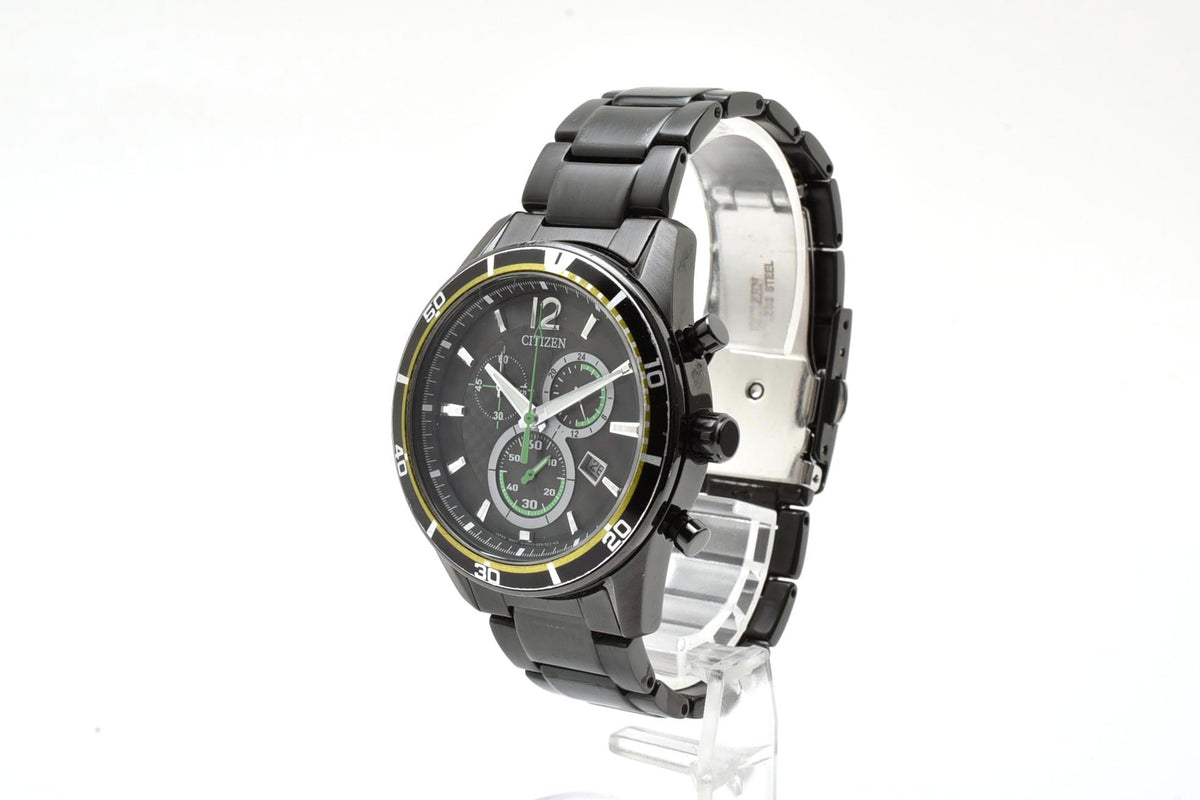 美品 CITIZEN シチズン エコドライブ 電波 クロノグラフ H500-S061075 ソーラー ブラックIP ステンレス デイト 10気圧防水 メンズ 腕時計 稼働品