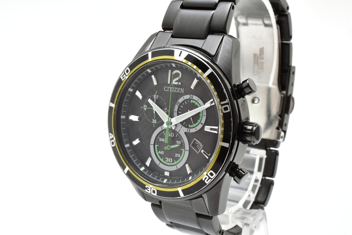 美品 CITIZEN シチズン エコドライブ 電波 クロノグラフ H500-S061075 ソーラー ブラックIP ステンレス デイト 10気圧防水 メンズ 腕時計 稼働品