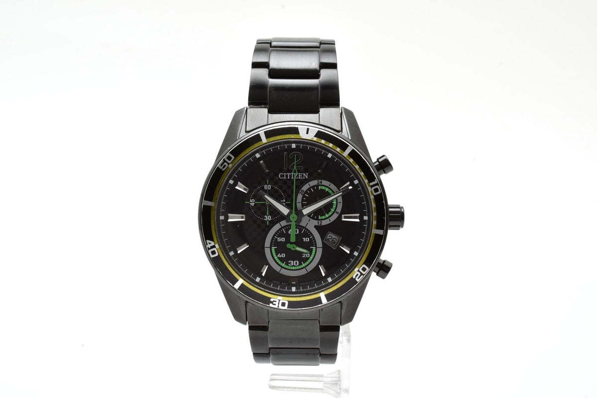 美品 CITIZEN シチズン エコドライブ 電波 クロノグラフ H500-S061075 ソーラー ブラックIP ステンレス デイト 10気圧防水 メンズ 腕時計 稼働品