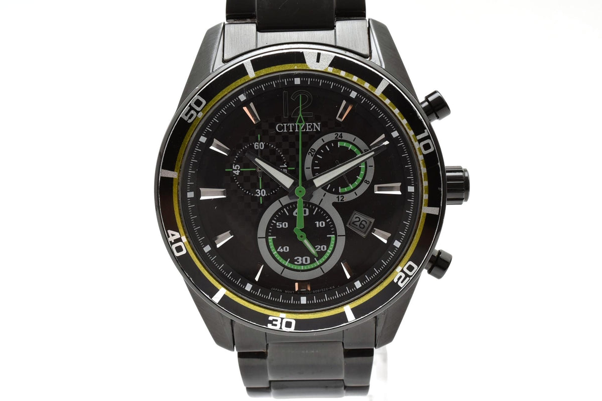 美品 CITIZEN シチズン エコドライブ 電波 クロノグラフ H500-S061075 ソーラー ブラックIP ステンレス デイト 10気圧防水 メンズ 腕時計 稼働品