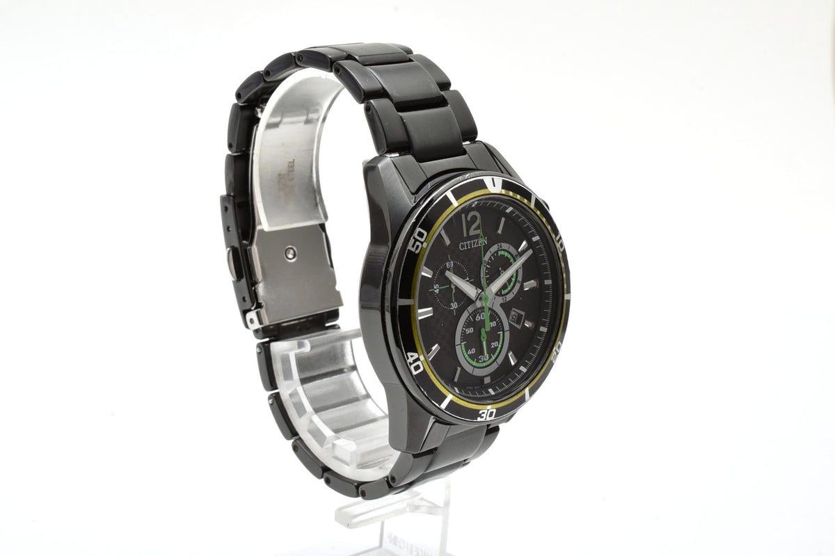 美品 CITIZEN シチズン エコドライブ 電波 クロノグラフ H500-S061075 ソーラー ブラックIP ステンレス デイト 10気圧防水 メンズ 腕時計 稼働品