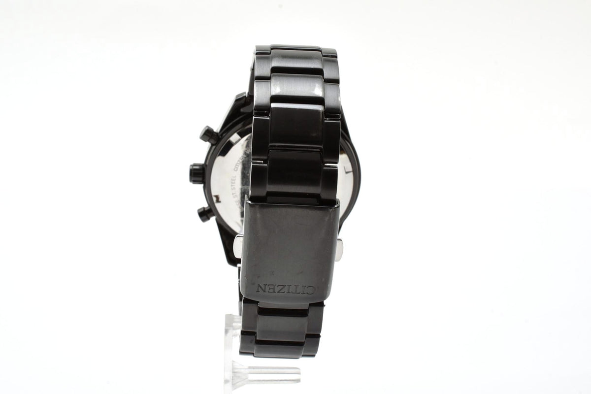 美品 CITIZEN シチズン エコドライブ 電波 クロノグラフ H500-S061075 ソーラー ブラックIP ステンレス デイト 10気圧防水 メンズ 腕時計 稼働品