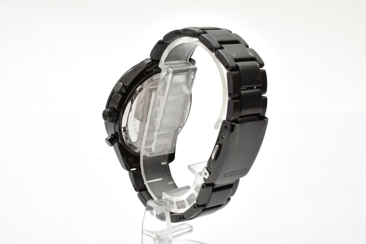 美品 CITIZEN シチズン エコドライブ 電波 クロノグラフ H500-S061075 ソーラー ブラックIP ステンレス デイト 10気圧防水 メンズ 腕時計 稼働品
