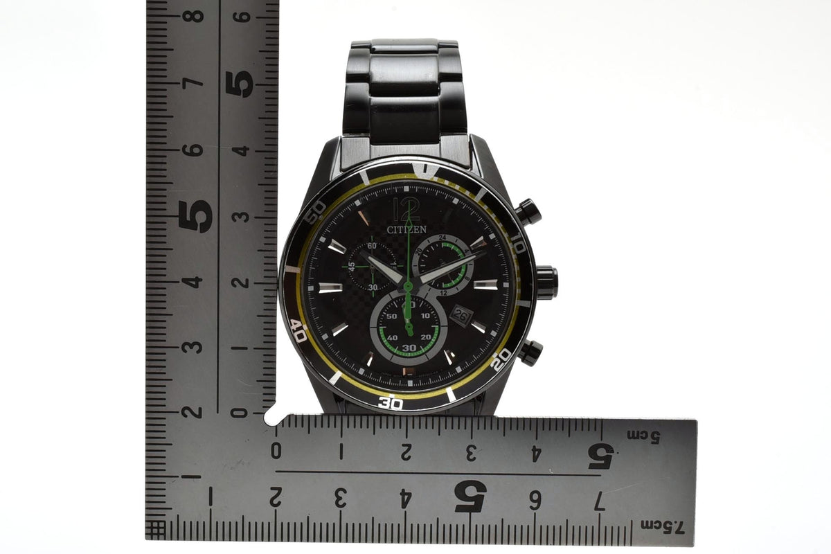 美品 CITIZEN シチズン エコドライブ 電波 クロノグラフ H500-S061075 ソーラー ブラックIP ステンレス デイト 10気圧防水 メンズ 腕時計 稼働品