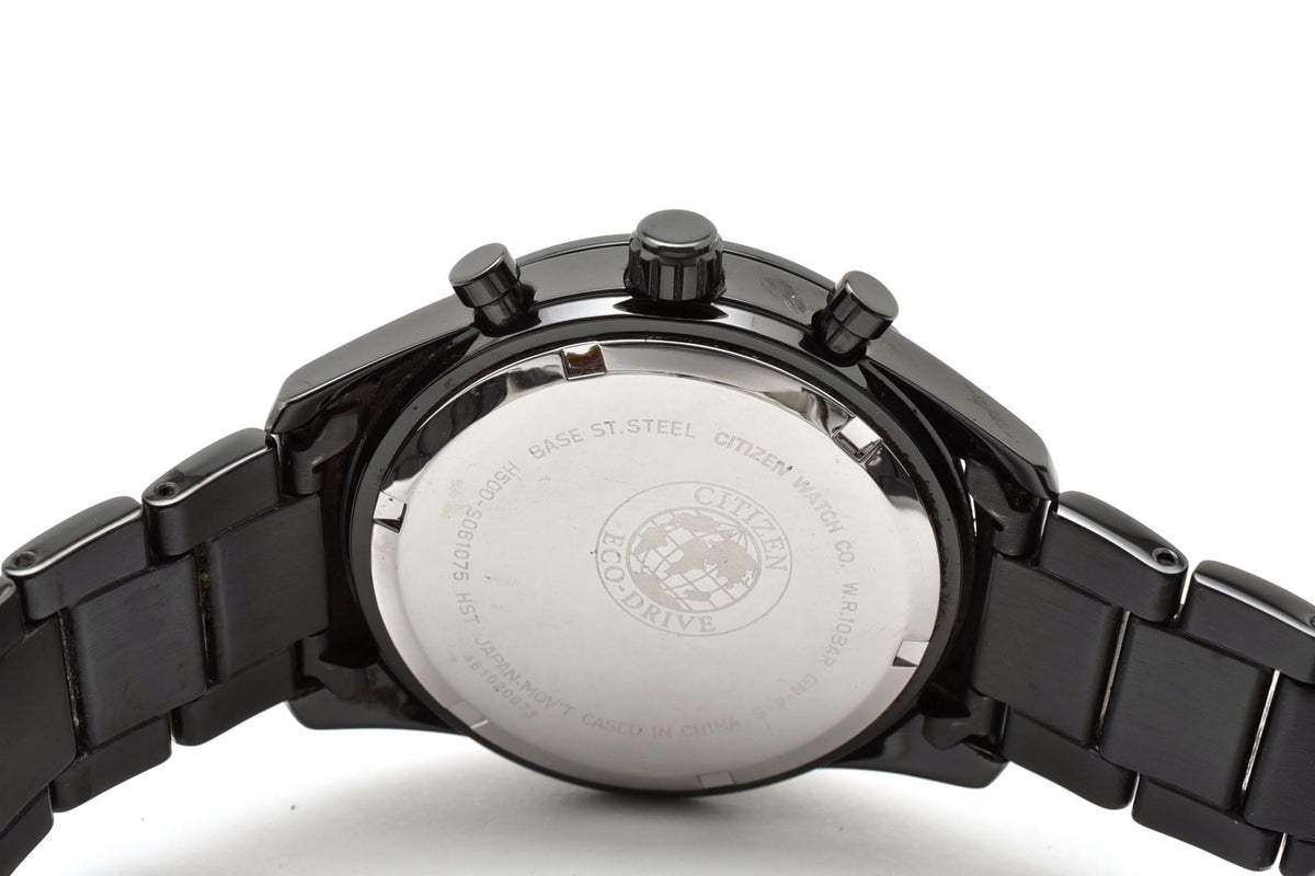 美品 CITIZEN シチズン エコドライブ 電波 クロノグラフ H500-S061075 ソーラー ブラックIP ステンレス デイト 10気圧防水 メンズ 腕時計 稼働品