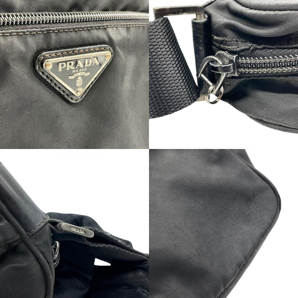 PRADA プラダ ナイロン レザー ショルダーバッグ トライアングルロゴ ブラック シルバー金具 斜め掛け クロスボディ レディース K12