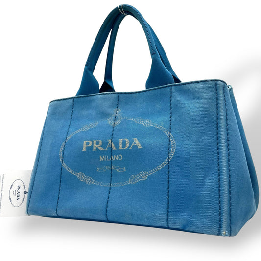 プラダ PRADA カナパ CANAPA トートバッグ ハンドバッグ キャンバス ライトブルー 青 アズーロ AZZURRO ゴールド 金具 三角ロゴ トライアングルロゴ A4収納可 マザーズバッグ 大容量 カジュアル デイリー 通勤 通学 レディース E