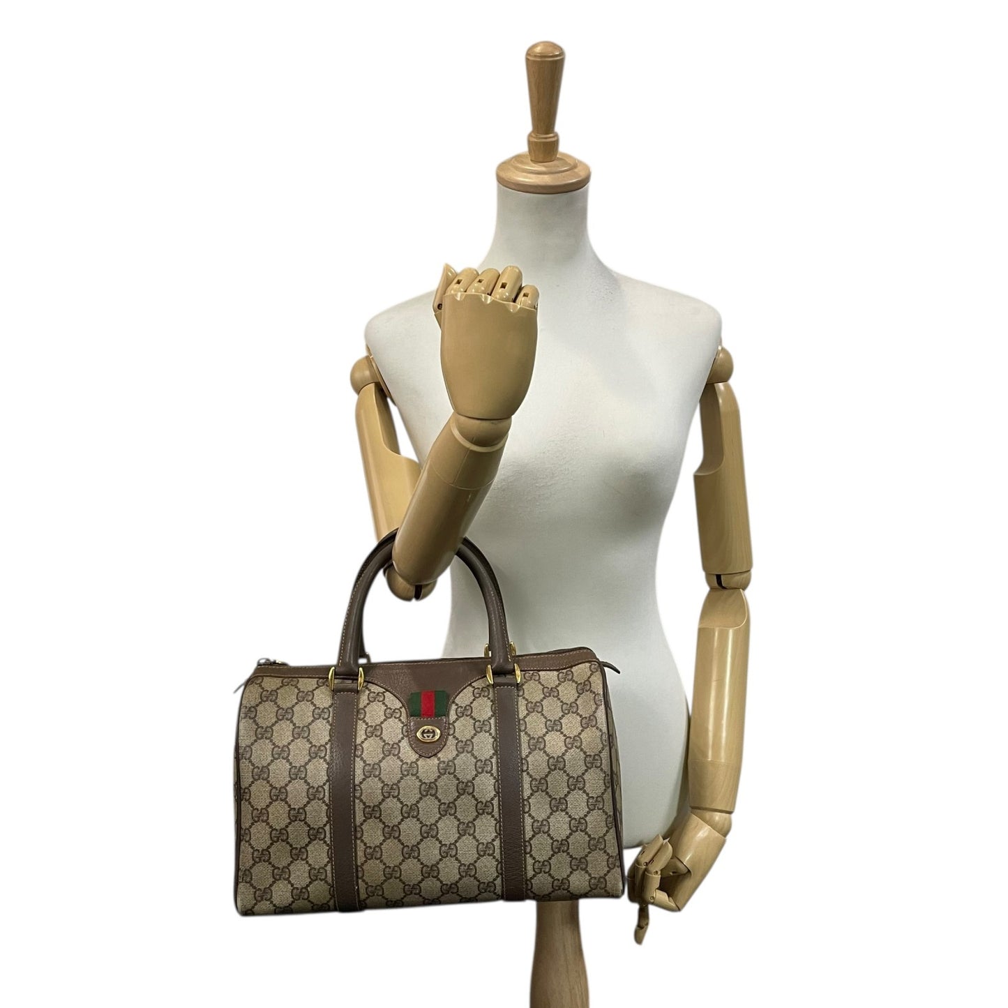 グッチ GUCCI オールドグッチ シェリーライン GGスプリーム ミニボストンバッグ PVC レザー ベージュ ブラウン ゴールド金具 ビンテージ クラシック エレガント 希少 レア イタリア製 インターロッキングGG ロゴ 自立可 レディース E