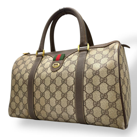 グッチ GUCCI オールドグッチ シェリーライン GGスプリーム ミニボストンバッグ PVC レザー ベージュ ブラウン ゴールド金具 ビンテージ クラシック エレガント 希少 レア イタリア製 インターロッキングGG ロゴ 自立可 レディース E